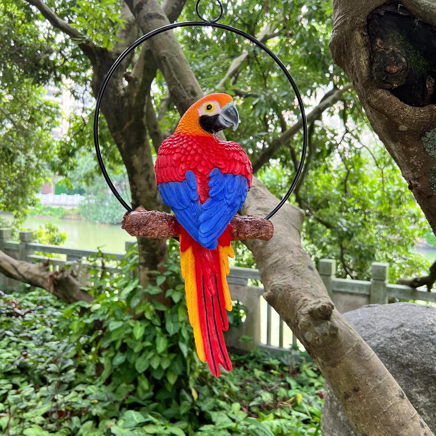 Tropical Resin Hanging Parrot Ornament, Hand-Painted Colorful Bird Sculpture, 13x7.5x5 inches, Garden Patio Decor