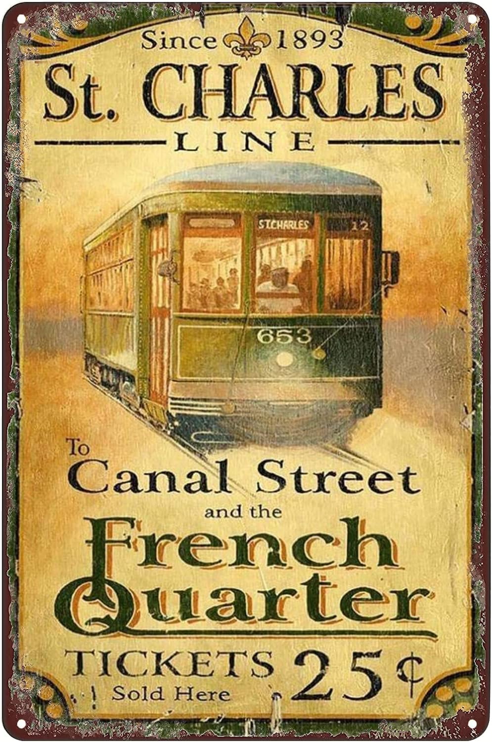 ALEXXO Vintage Metal Tin Sign - New Orleans St Charles Streetcar Poster NOLA Wall Art Plaque Decor for Home Club Bar Cafe 8x12 inches