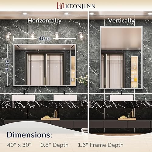 Miniatura 467 de Keonjinn Espejo de baño dorado de 48 x 36 pulgadas, espejo rectangular con marco de metal dorado cepillado, espejo de pared grande rectangular