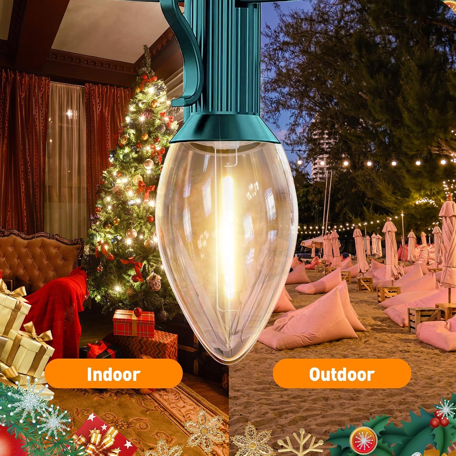 C7 Clear Warm White LED Christmas Lights, 25FT Waterproof Outdoor | Connectable, Dimmable, 2700K, Vintage, Plug in, Green Wire, for Halloween, Roofline, Patio, Fence, Backyard, Xmas Tree