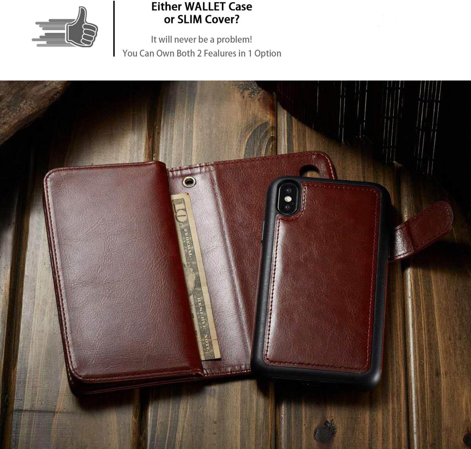 XRPow iPhone X Case, iPhone Xs Wallet Case, [2 in 1] Magnetic Detachable Wallet Case [PU Leather] Folio Flip [9 Card Slot] [Wrist Strap] Durable Protection Back Cover for iPhone X/XS 5.8Inch Brown