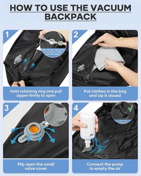 Vacuum Backpack Travel Bag with Pump,Laptop Backpack for Men, Water Resistant Business Work Bag School Large Capacity Travel Backpack, 17.3 Inch Computer Rucksack Black