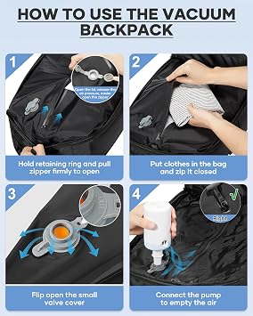Vacuum Backpack Travel Bag with Pump,Laptop Backpack for Men, Water Resistant Business Work Bag School Large Capacity Travel Backpack, 17.3 Inch Computer Rucksack Black
