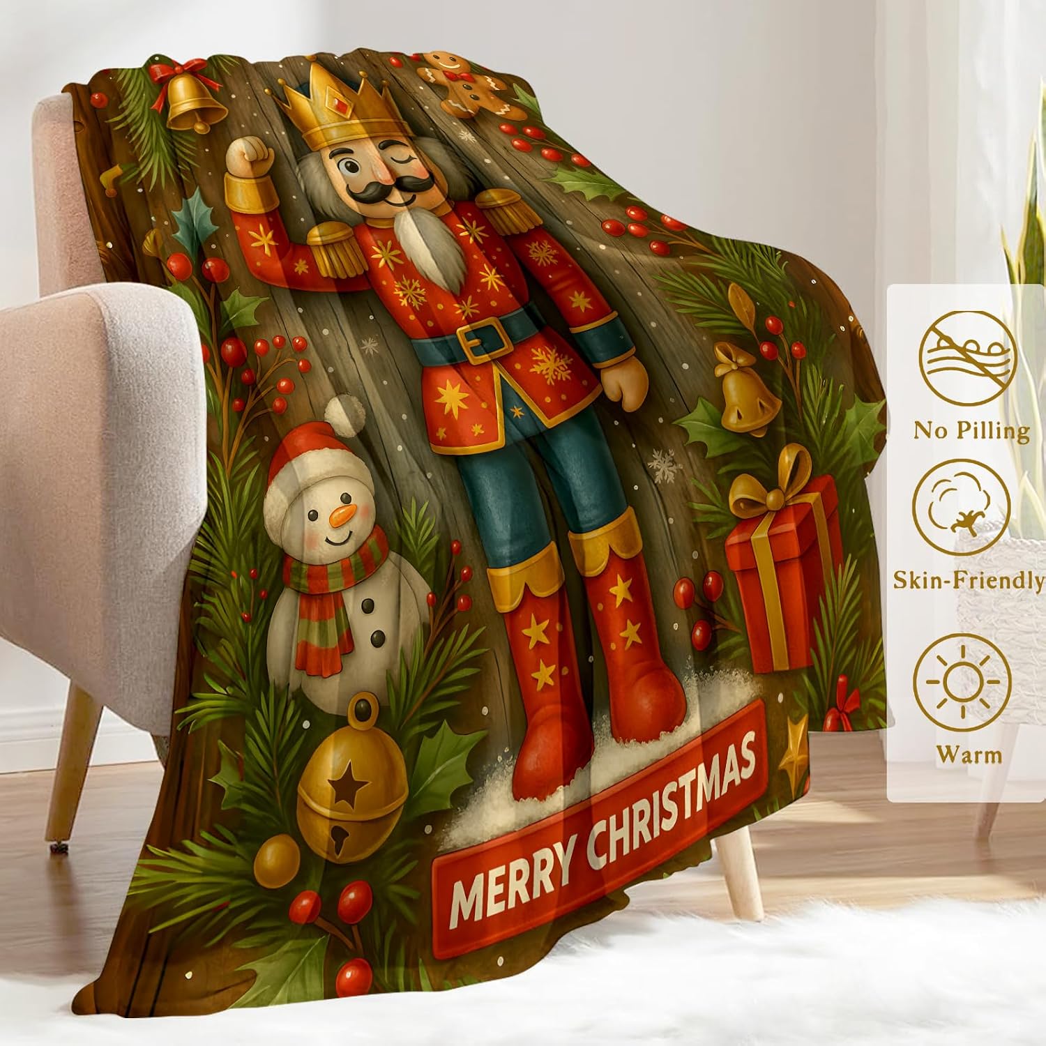 Nutcracker Christmas Decorative Blanket, Soldier Snowman Gingerbread Print Throw Decoration, Soft Flannel Winter Blankets for Couch Bed Sofa, Holiday Home Decor, Xmas Festival Gifts 50x60 Inch