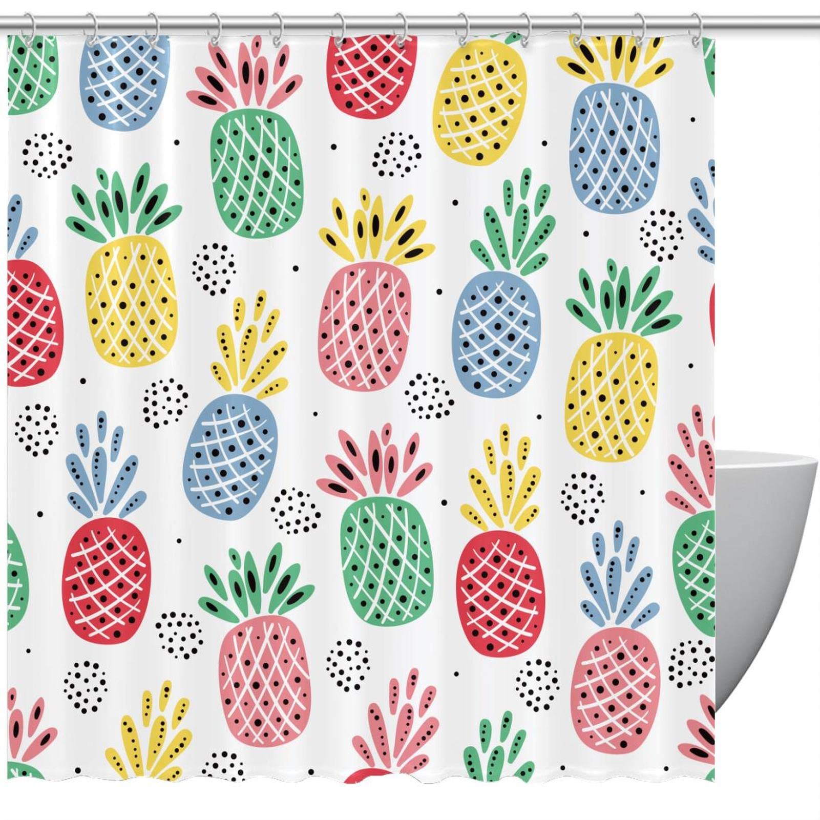 Rideau de douche ananas coloré rouge vert jaune avec crochets inclus