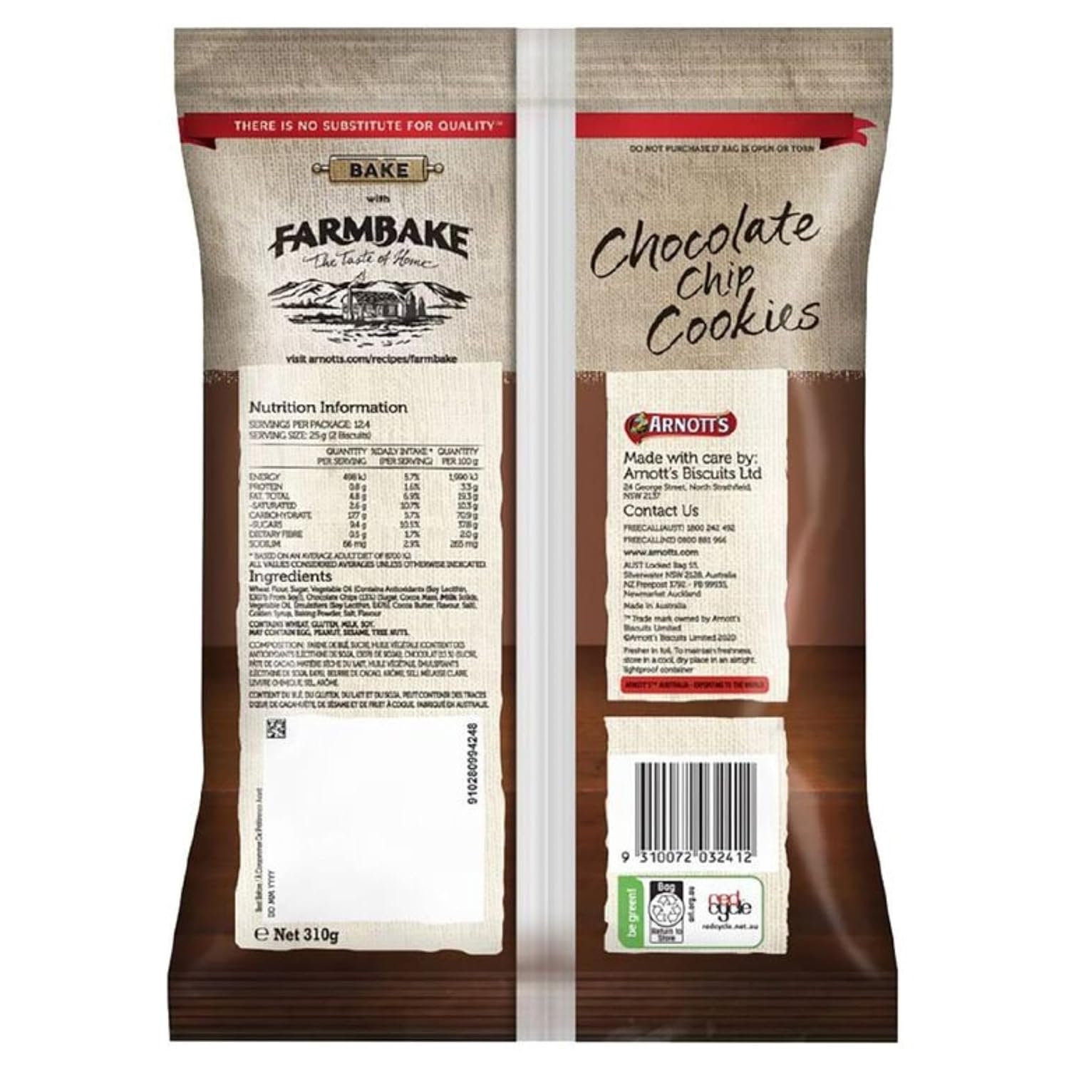 Arnotts Farmbake Chocolate Chip Cookies 310gm x 10