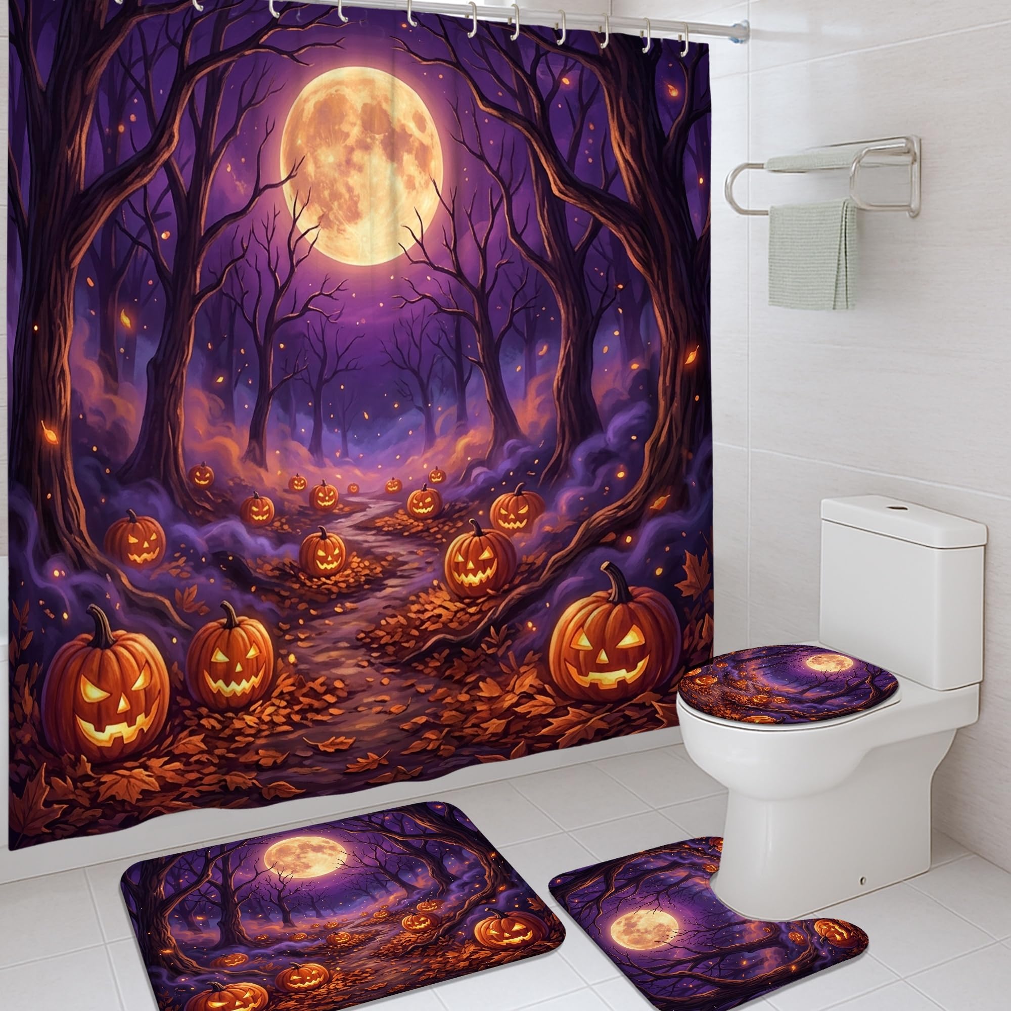 Rideau de douche Halloween violet en tissu imperméable 183x183 cm avec motif citrouilles et lune
