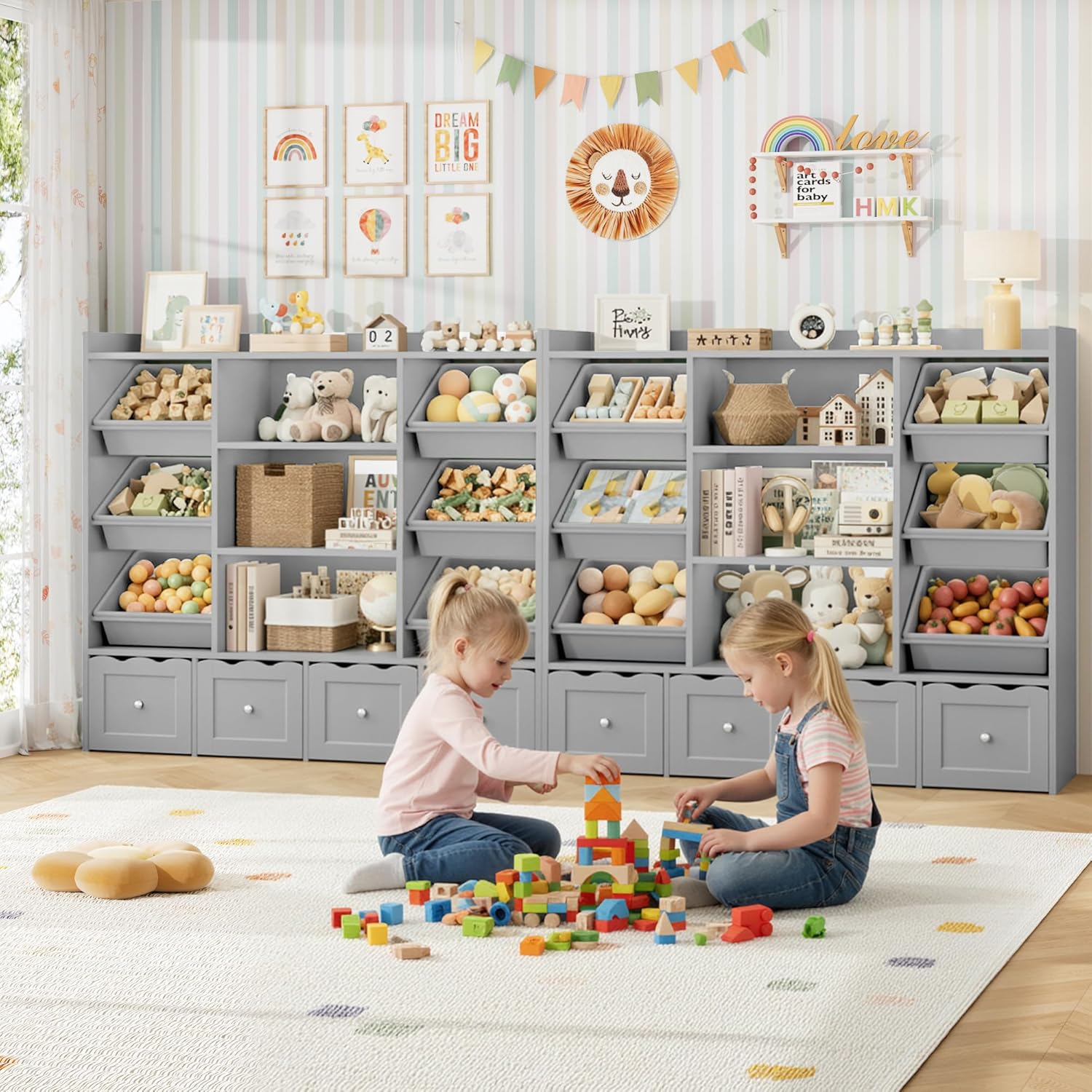 HITHOS 55" W Kids Toy Storage Organizer, Large Toy Box with Bookshelf, Toy Chest with 3 Cubes Storage Organizer, 6 Toy Organizers and Storage Bins, 4 Rolling Drawers for Kids Room, Playroom, Gray