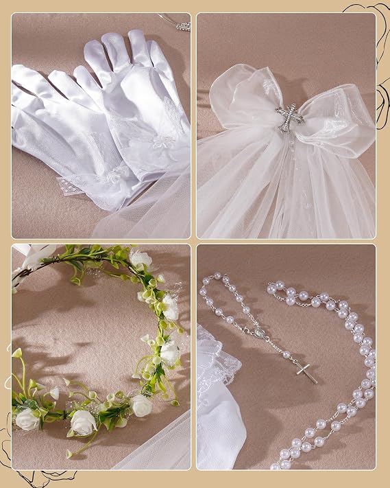 Bozidol First Communion Veil Set, White Bow Veil Headpiece Gloves Sock Accessories, Catholic 1st Communion Gifts for Girls