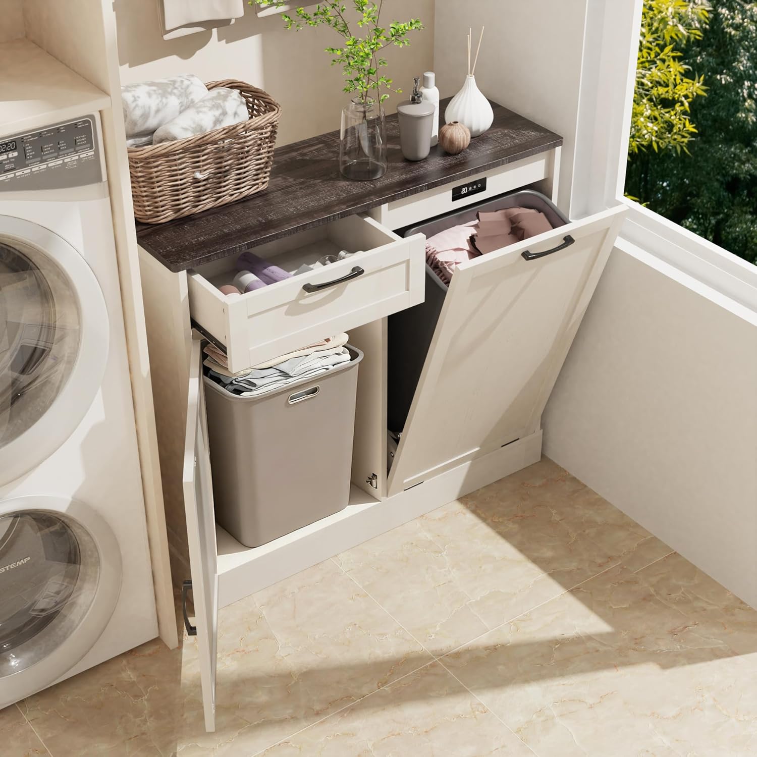 Tilt Out Trash Can Cabinet with Deodorizing Function, Kitchen Island Cabinet, Trash Cabinets with Storage, Dog Proof Wooden Trash Can with Drawer, for Kitchen, Living Room, Laundry Room(White)