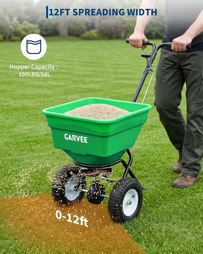 Garvee 100LBS Push Broadcast Spreader, 12FT Spreading Width, 13in All-Terrain Wheels, Adjustable Flow Control, Heavy Duty Walk Behind Lawn Spreader for Fertilizer, Grass Seed, Ice Melt, Salt miniatura 5