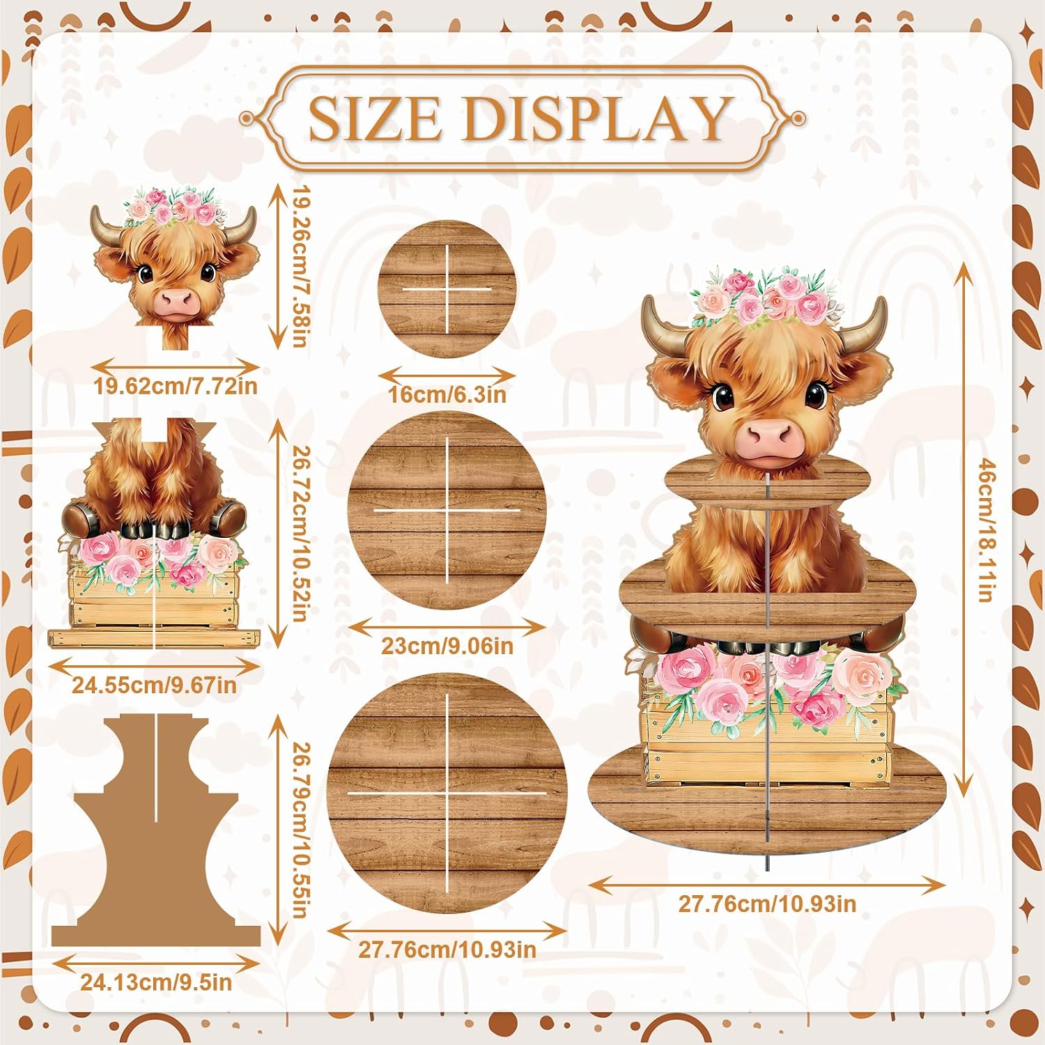 Gistome 3-Tier Highland Cow Cupcake Stand – Floral Farm Cow Dessert Display Holder for Cow Birthday Party, Baby Shower, Farm Theme Party, and Country Celebration Decorations