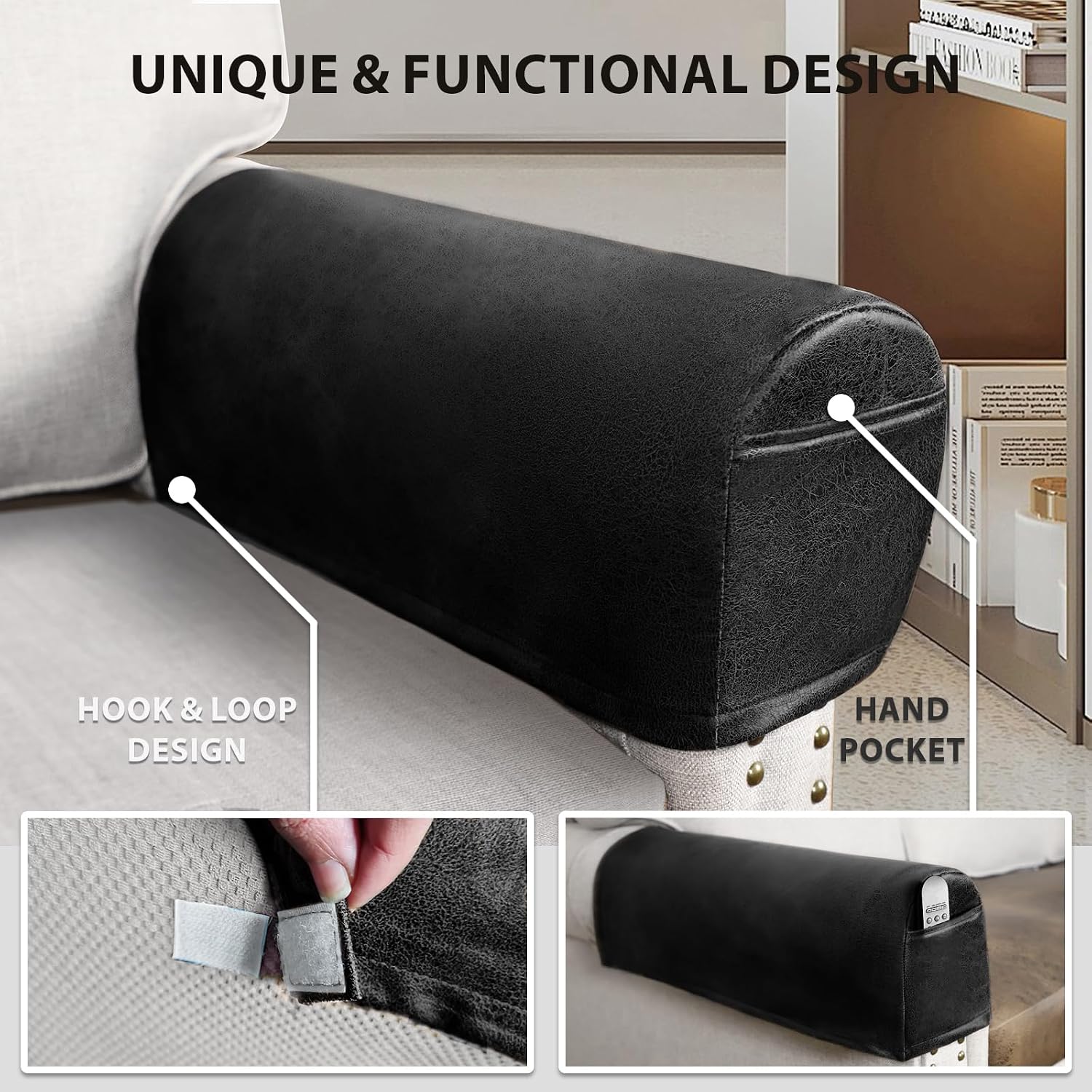 ANARACHON Leather Look Couch Arm Covers Set of 2 Armrest Covers for Sofa Chair Arm Protectors Stretch Armchair Slipcovers with Pockets Washable Spandex Fabric (Large, Black)