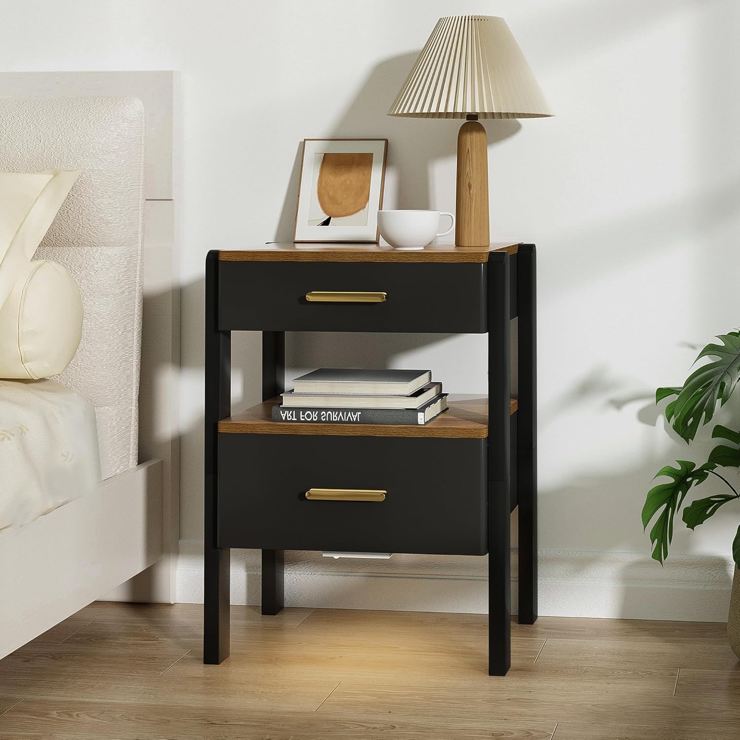 Nightstand with 2 Drawers and Open Shelf Wood Bedside Table Gold Handles Storage Night Stand with Light for Bedroom, Black and Brown
