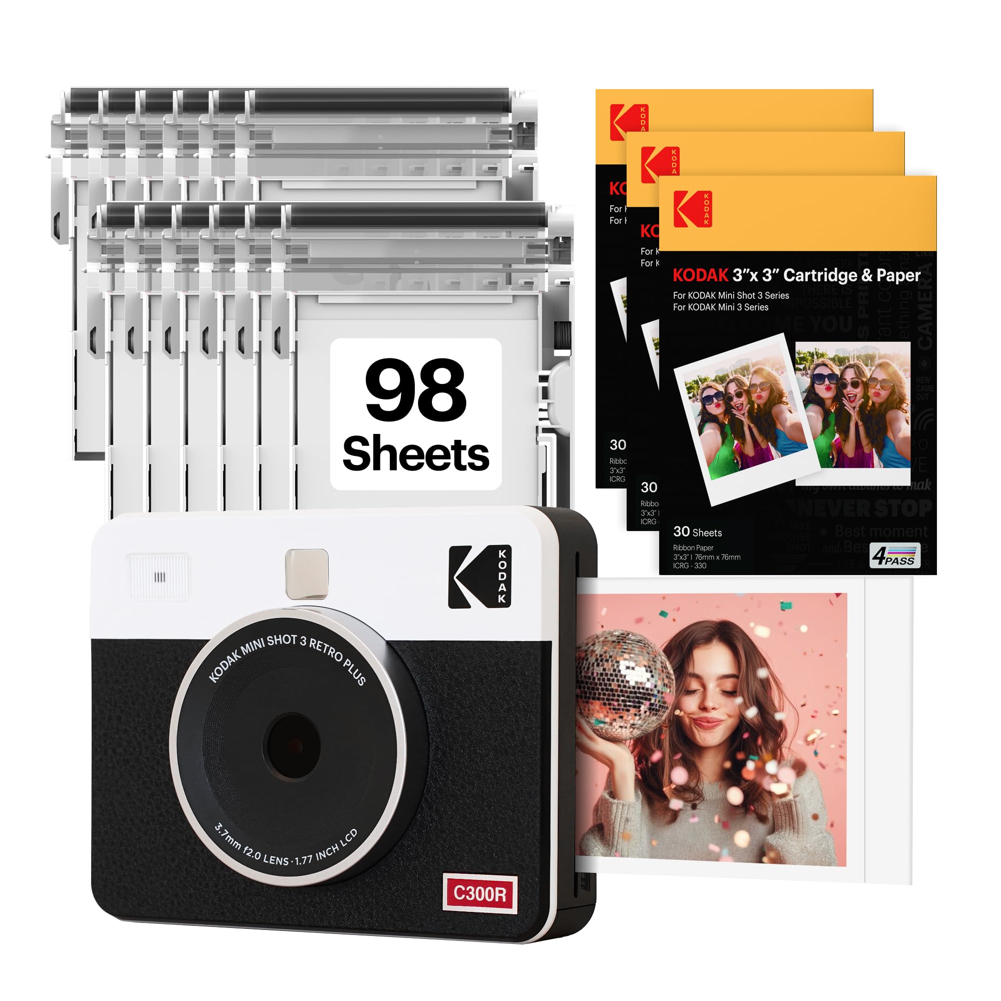 KODAK Mini Shot 3 Retro 3x3” Instant Digital Camera & Photo Printer, 98 Sheets, 2-in-1 Portable Print Camera, Bluetooth Smartphone Printer for iOS & Android, 4PASS Dye Sublimation, White