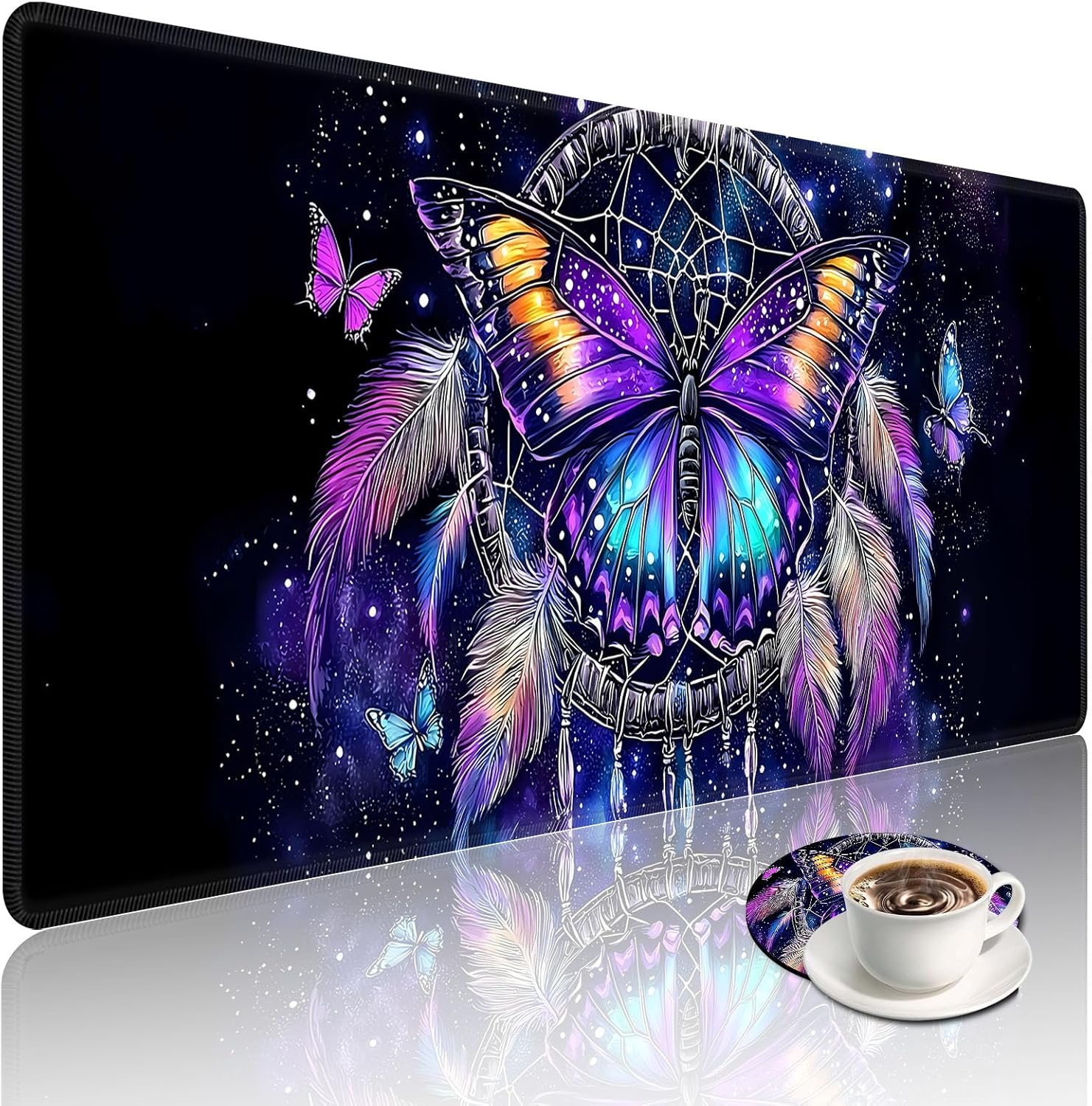 Large Desk Mat With Stitched Edges, Butterfly Dreamcatcher Office Pad, Anime Gaming Mouse Pad, Extended Keyboard and Mouse Mat, 31.5x11.8 Inch Waterproof Writing Pad for Office and Home