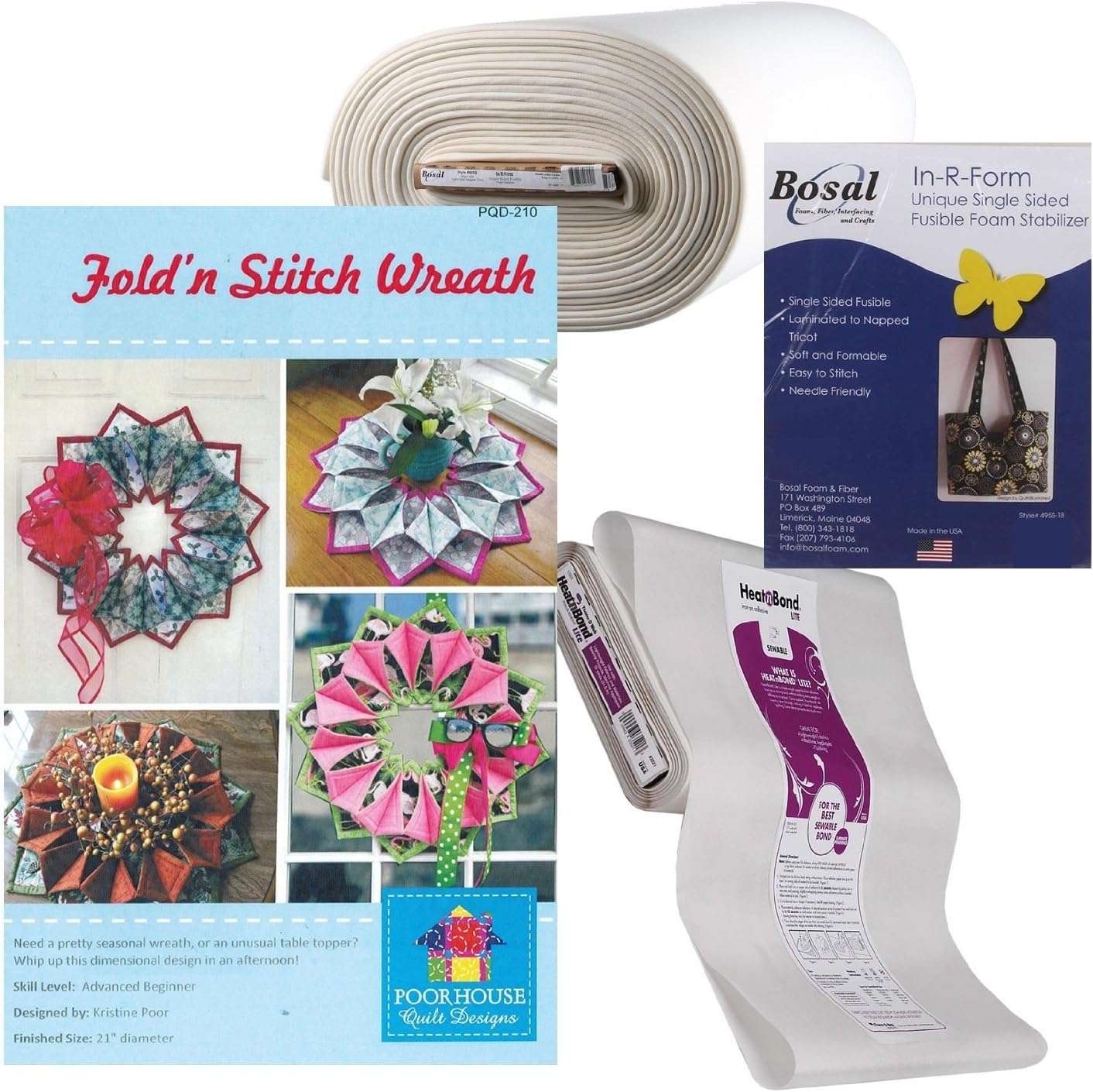 Fold ‘n Stitch Wreath Kit: Pattern, Fusible Web, Foam Stabilizer (For 3 Wreaths)