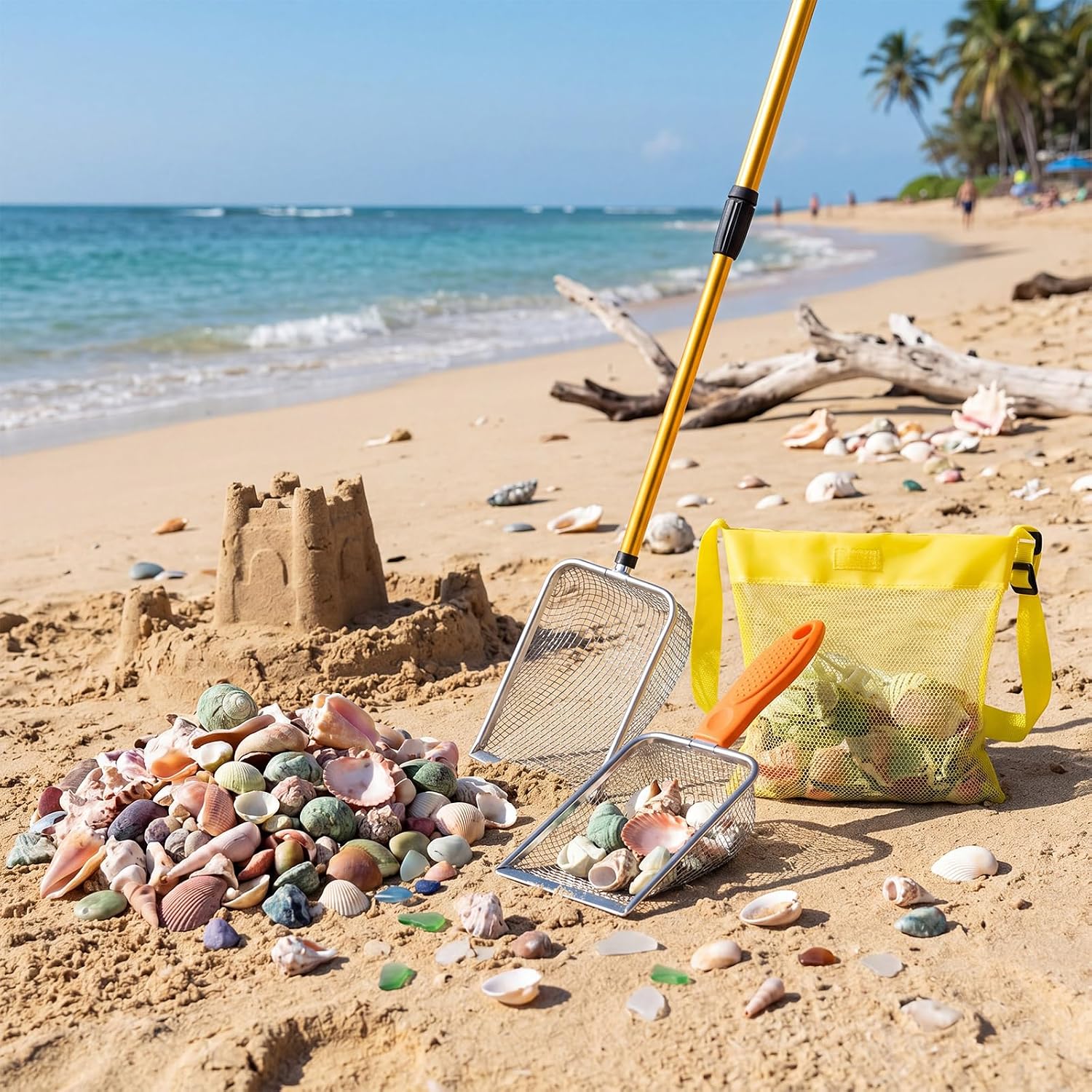 Liliful 3 Pcs Shelling Tools for Beach 28" Shark Tooth Sifter Long Handle Beach Sand Sifter Mesh Shovel with Seashell Bags Detachable Shell Scooper for Family (Yellow)