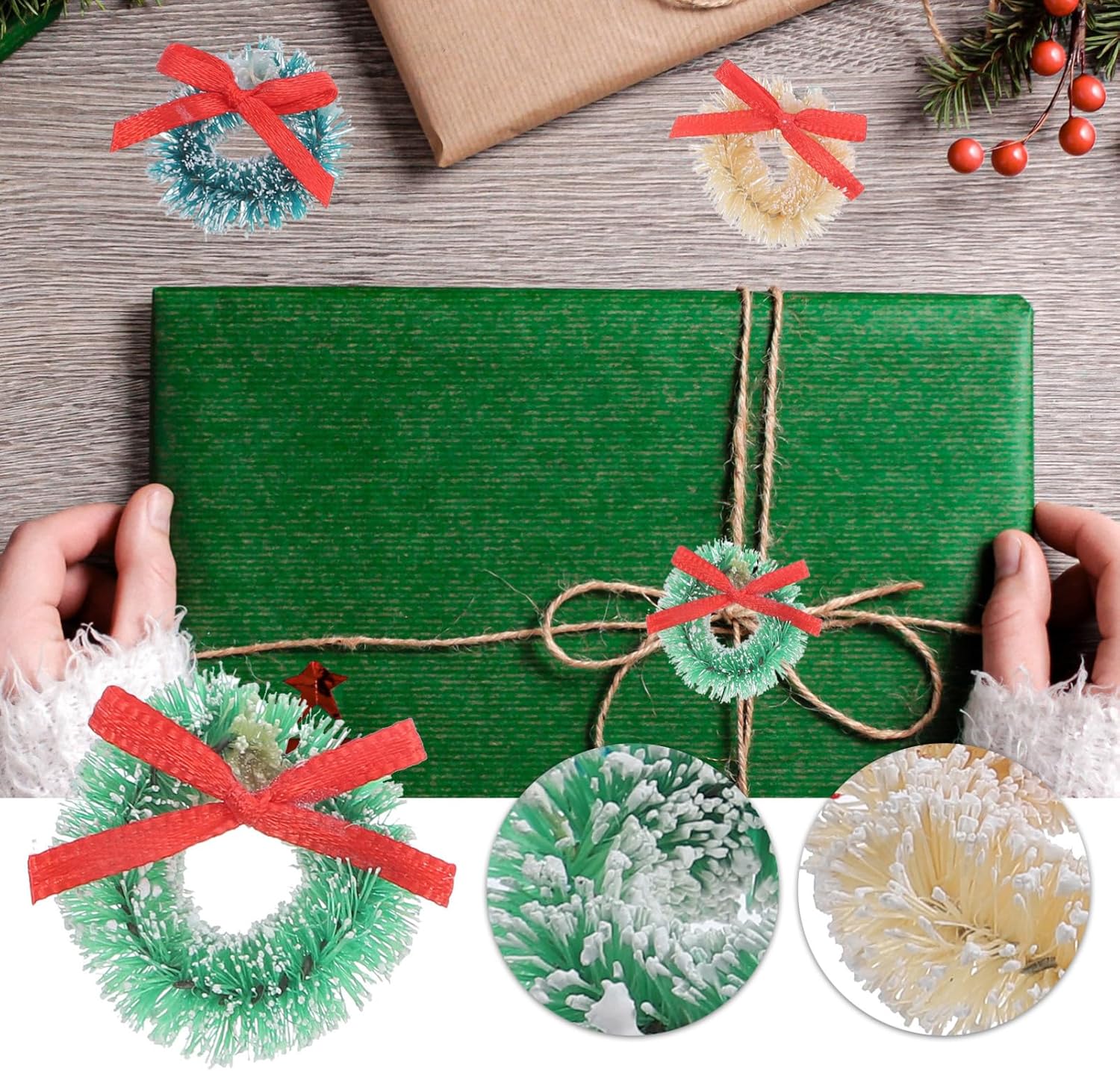 12pcs Mini Christmas Wreaths: 1.18 Inch Artificial Miniature Frost Sisal Christmas Tree Wreaths with Bow - Xmas Hanging Decor for Holiday New Year Farmhouse