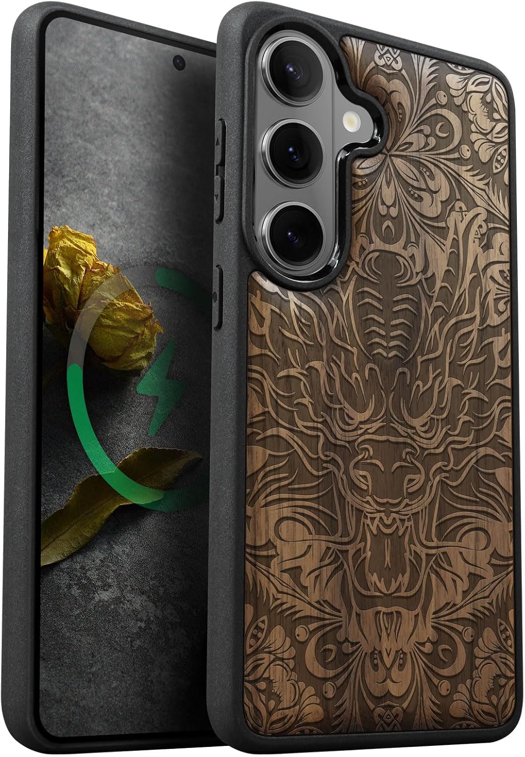 Carveit Magnetic Wooden Case for Galaxy S26+ Samsung S26 Plus Case, TPU Shockproof Cover & Wood Engraved, Compatible with MagSafe Wireless Chargers (Dragon's Aura – Guardian Spirit) Walnut