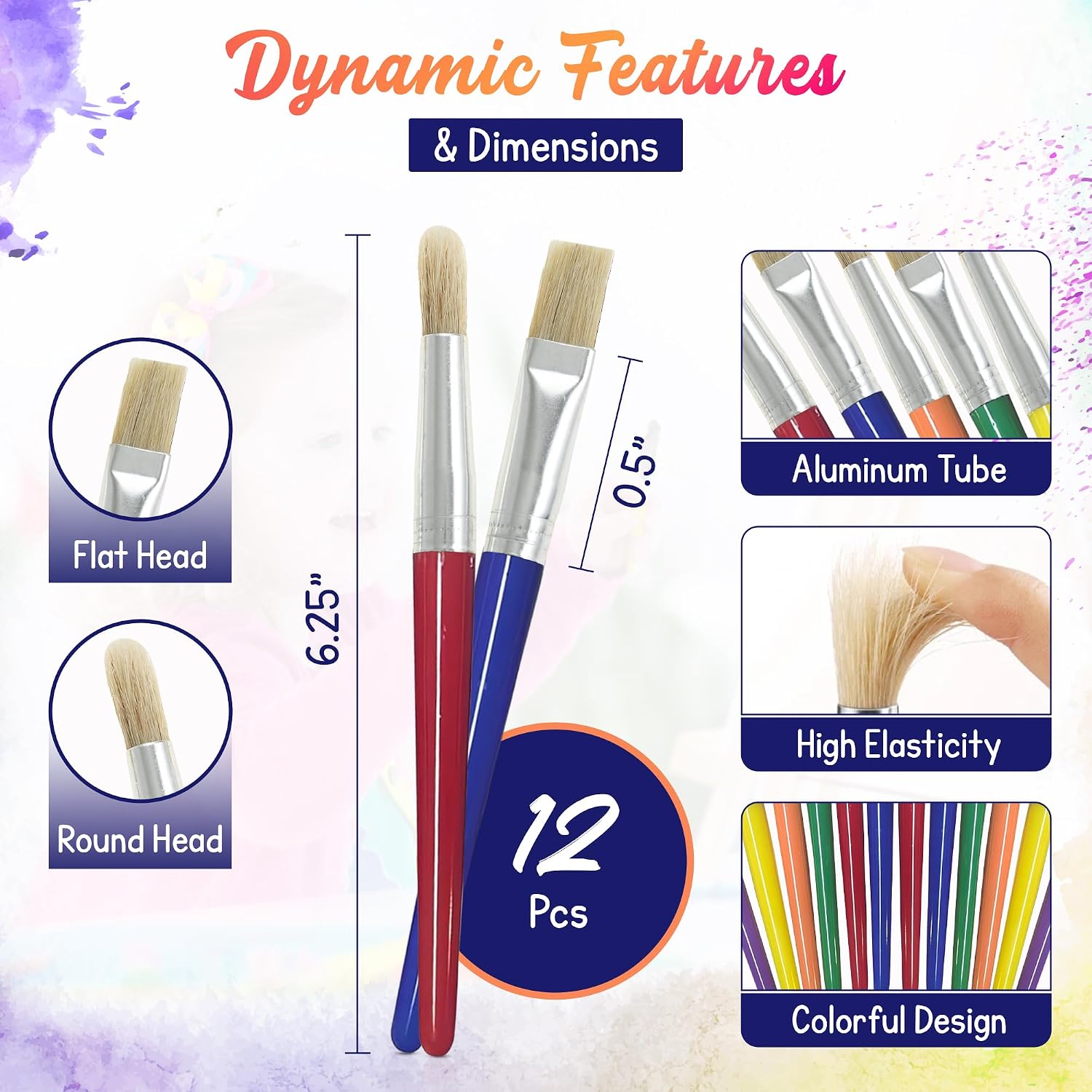 4E's Novelty 12Pcs Kids Paint Brushes, Thick Round & Flat Paint Tools for Kids Arts & Crafts, Preschool Toddler Paint Brush for Acrylic Paint, Teachers Classroom Supplies