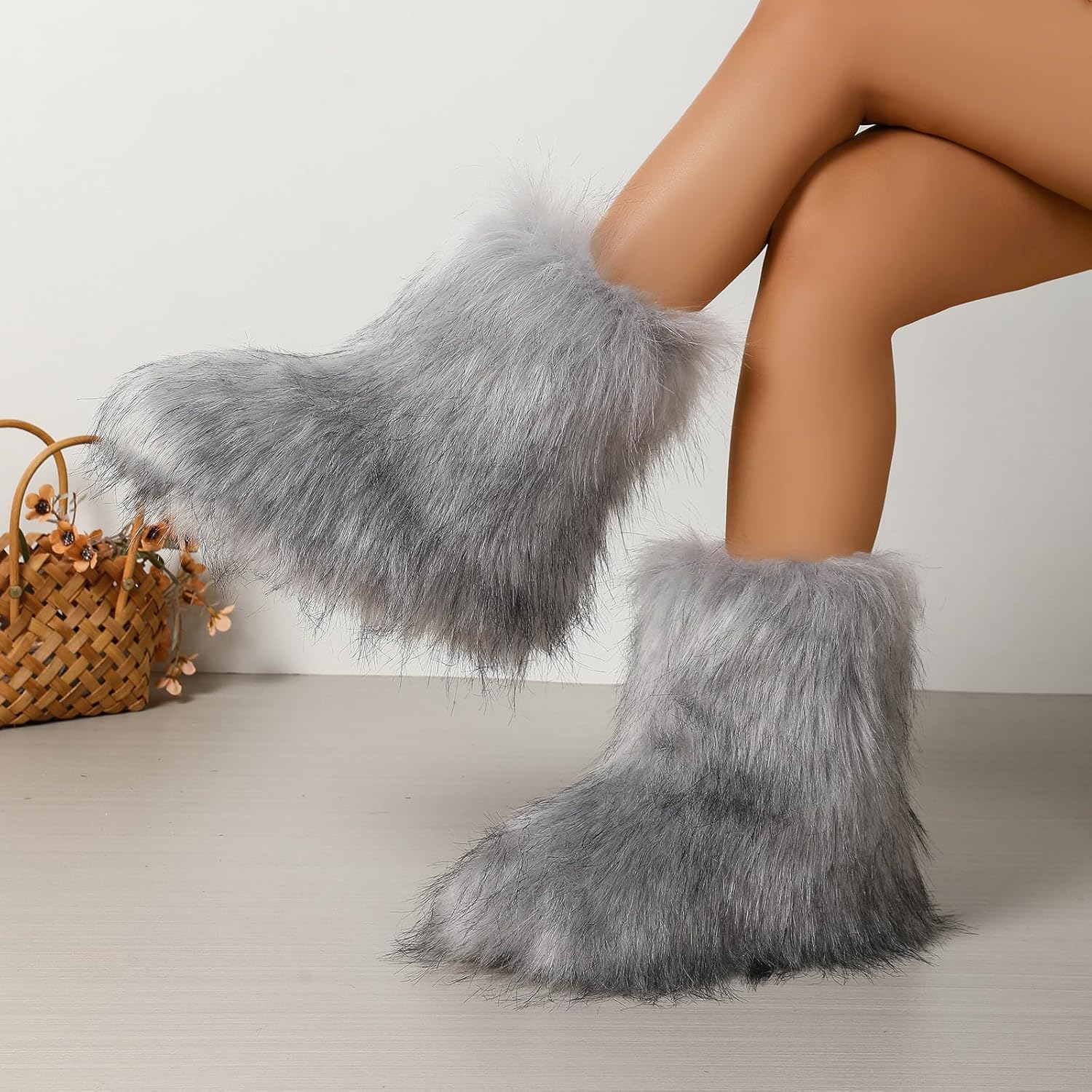 Women's Faux Fur Boots Size 9 - Mid-Calf Winter Snow Boots with Fluffy Lining, Y2K Fashion Warm Shoes for Women - Image 3