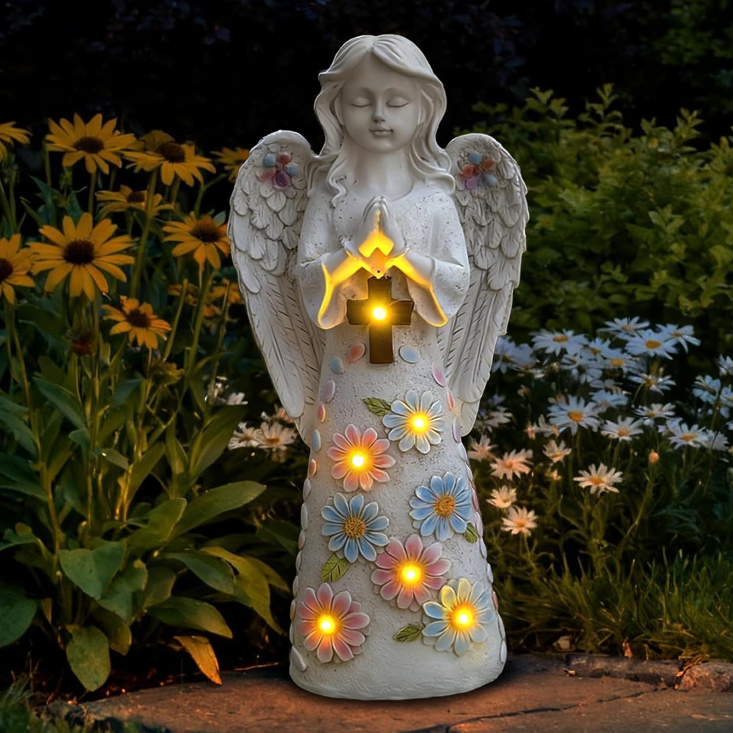 Voveexy Angel Garden Statue Outdoor Figurine, Solar Powered Garden Sculpture with 6 LEDs Resin Praying Angel Decor for Patio Lawn Yard Porch Decoration Christmas Birthday Housewarming Present 13.2” H