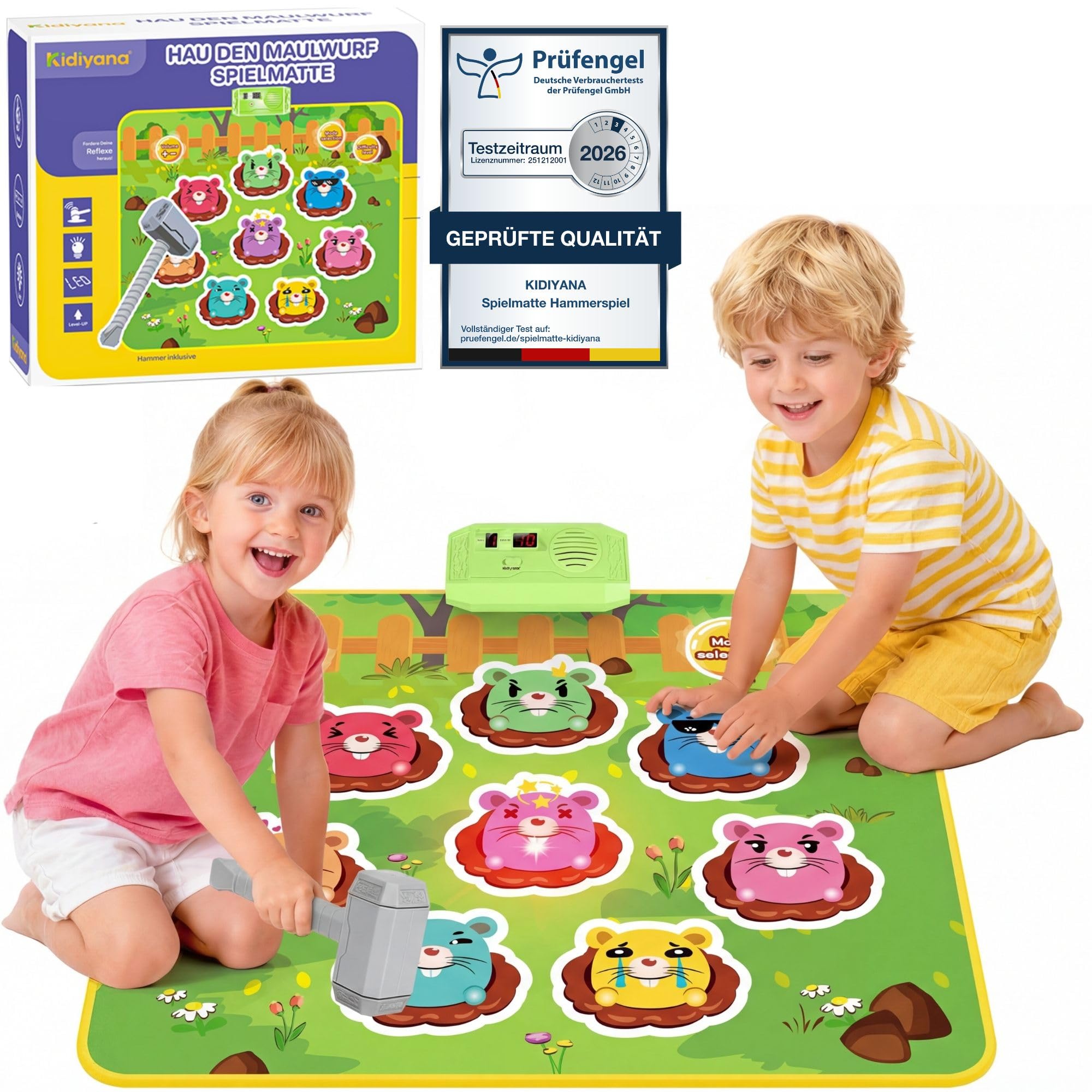 Schlag Spielmatte elektronisches Hammerspiel für Kinder und Erwachsene, Reaktionsspiel mit 8 Spielmodi & 24 Level, Klopfspiel ab 3 Jahre mit Musik & Licht, Maulwurf