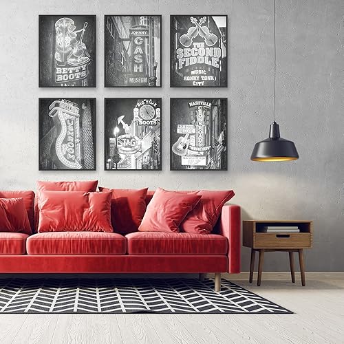 Miniatura 4 de Póster vintage de Nashville para pared, diseño retro en blanco y negro de Nashville, Tennessee, música country, guitarra, arte del centro, lienzo