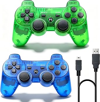 P-S3 Controller 2 Pack PS-3 Wireless controller Pla ystation 3 Controller Wireless Bluetooth Gamepad with USB Charger Cable for PS-3 Blue+Green