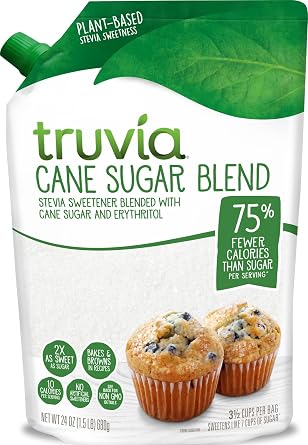 Truvia Cane Sugar Blend, Mix of Natural Stevia Sweetener and Cane Sugar, 24 oz Bag | Stevia & cane sugar blend; 75% fewer calories; 1/2 cup = 1 cup sugar; bakes & browns; gluten-free, kosher
