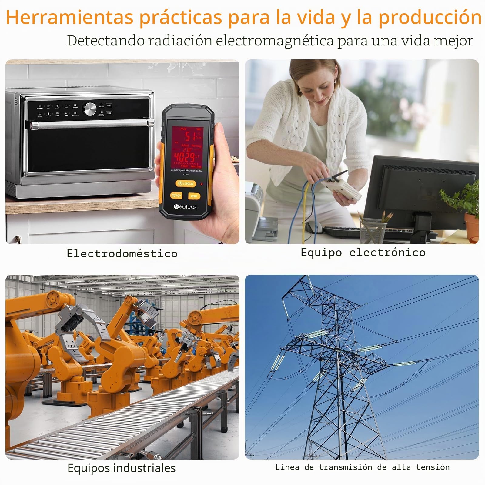 Neoteck Medidor Radiacion Electromagnetica Medidor EMF 3 en 1 con Pantalla LCD Retroiluminada y EFMF en Misma Pantalla Probador EMF Portátil Recargable para Hogar Fábrica Oficina