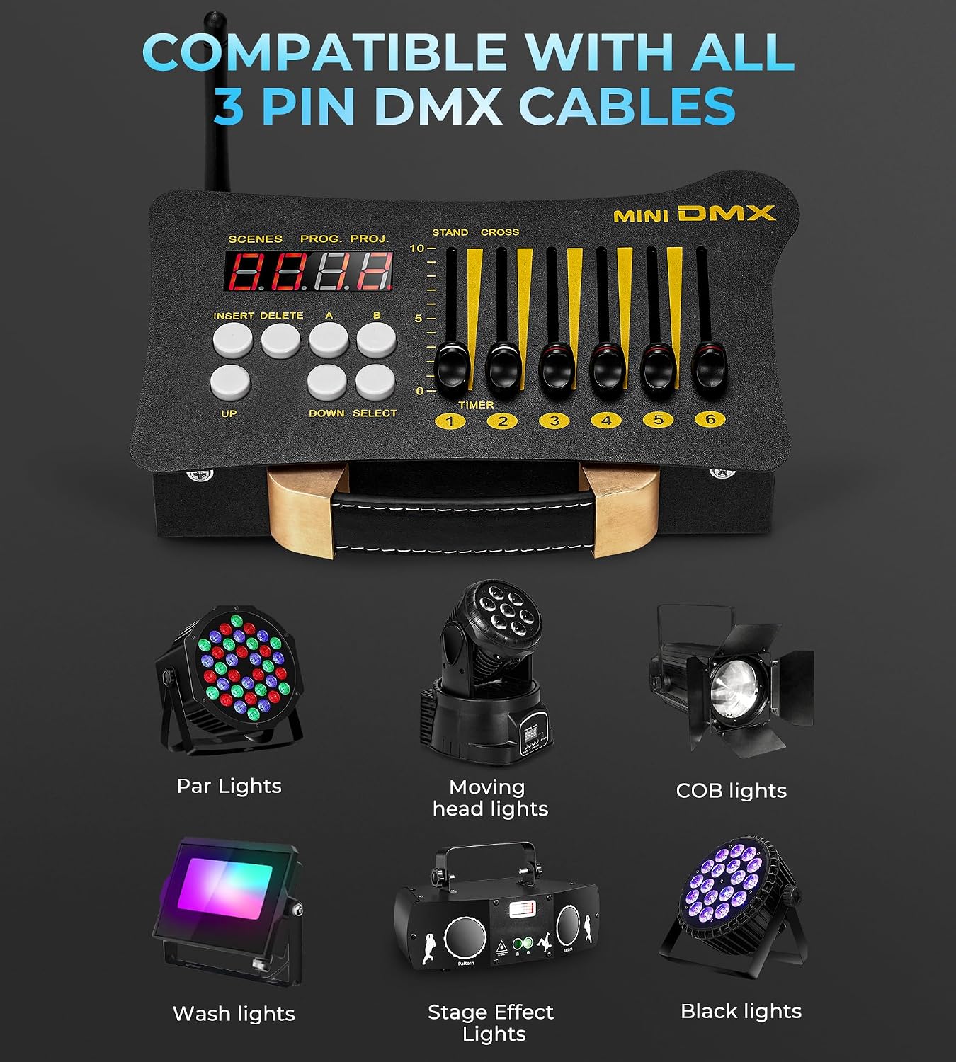 Vangoa Mini DMX Controller connected to various lighting fixtures via 3-pin DMX cables.