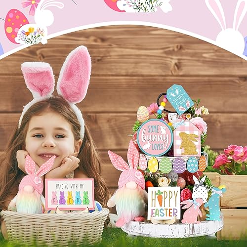 Miniatura 2 de Marsui Decoración de bandeja escalonada de Pascua, decoración rústica de primavera, conejo, camión, huevo, gnomo, decoración de Pascua, letrero de