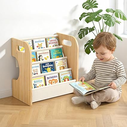 XiaZ Bookshelf for Kids Room Wooden Montessori Toddler Bookshelf Solid Pine C-Frame Child Book Shelf with Handle, Portable 4-Tier Kids Nursery Book Organizer Bookcase Easy Install for Study Room