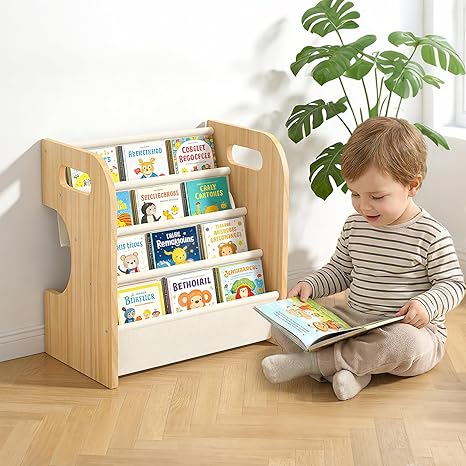 XiaZ Bookshelf for Kids Room Wooden Montessori Toddler Bookshelf Solid Pine C-Frame Child Book Shelf with Handle, Portable 4-Tier Kids Nursery Book Organizer Bookcase Easy Install for Study Room