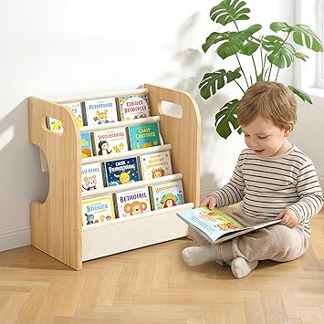 XiaZ Bookshelf for Kids Room Wooden Montessori Toddler Bookshelf Solid Pine C-Frame Child Book Shelf with Handle, Portable 4-Tier Kids Nursery Book Organizer Bookcase Easy Install for Study Room