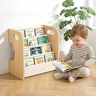 XiaZ Bookshelf for Kids Room Wooden Montessori Toddler Bookshelf Solid Pine C-Frame Child Book Shelf with Handle, Portable 4-Tier Kids Nursery Book Organizer Bookcase Easy Install for Study Room