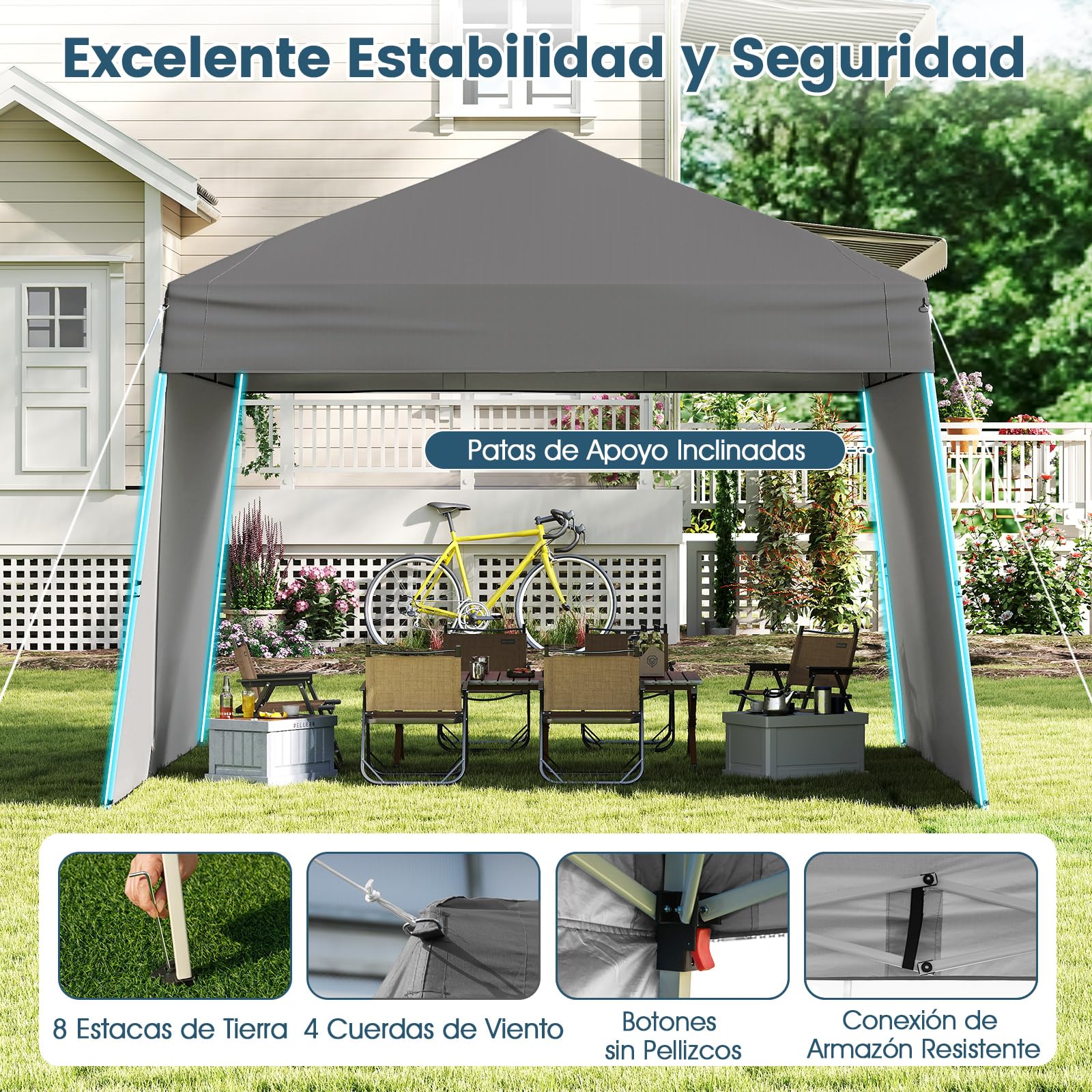 COSTWAY Carpa Plegable 4,3x2,8m, Pop-up, 2 Paredes Laterales Convertibles en Toldo, Cenador para Jardin, Bolsa, Altura Ajustable, Pergola Pabellón Gazebo Plegable Jardin Fiesta Exterior (Gris)