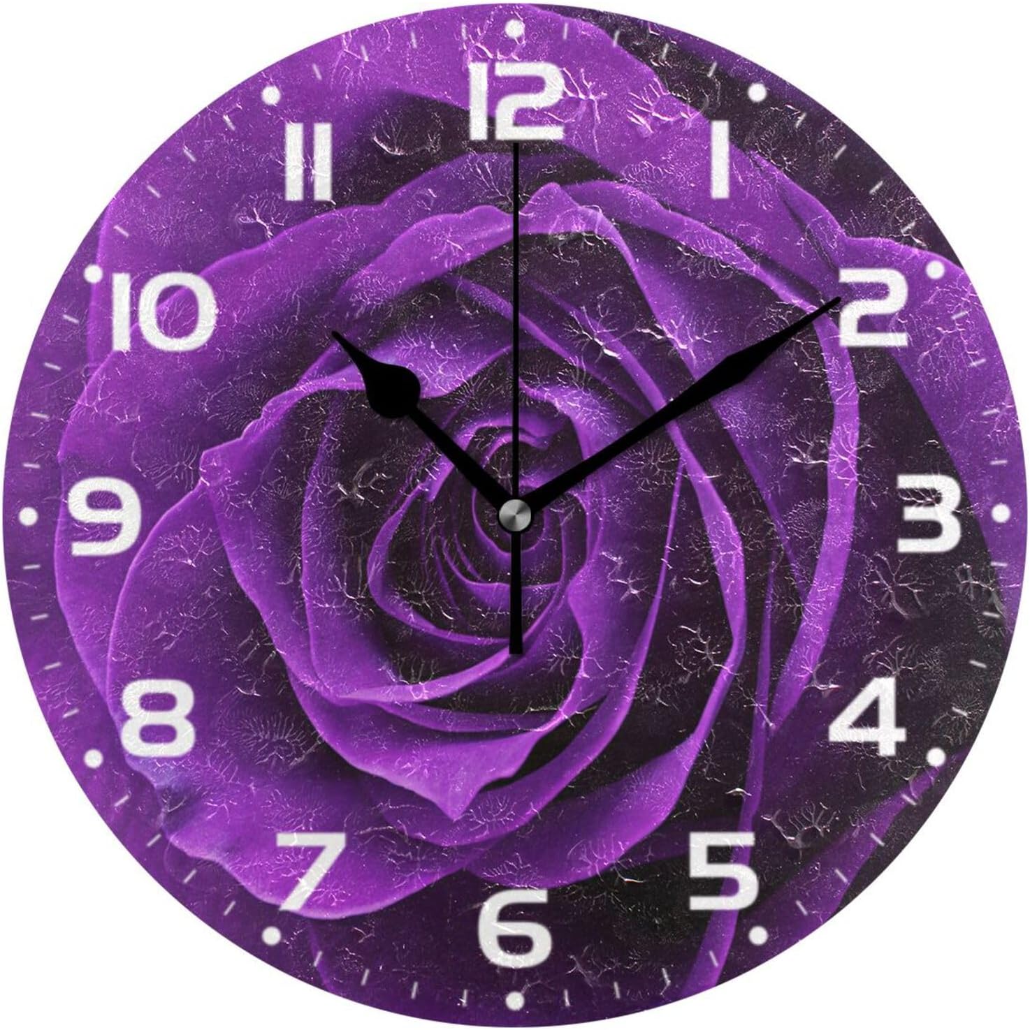 Purple Rose Wall Clock Silent Non Ticking Round Wall Clocks Battery Operated Easy to Read Clock Wall Decorative for Home Kitchen Living Room Bedroom Office, 10 Inch