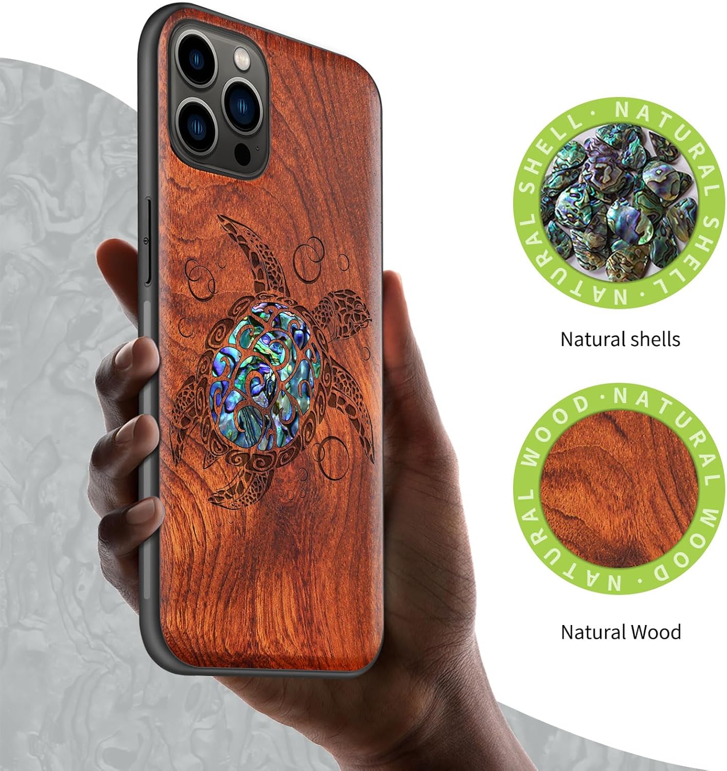 Carveit Designer Wooden Protective Case for iPhone 11 Pro Max Cover [Wood Engraving & Shell Inlay] Compatible with 11 Pro Max Case (Sea Turtle-Rosy)