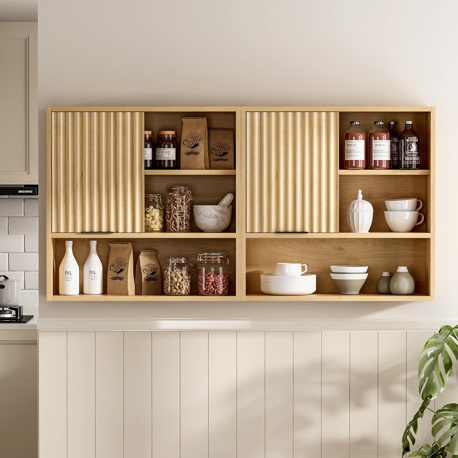 2PCS Fluted Wall Cabinet Bathroom, Modern Medicine Cabinet with Sliding Door Adjustable Shelf Wood Storage Cabinet Wall Mounted for Kitchen Dining Room Living Room, Natural Oak