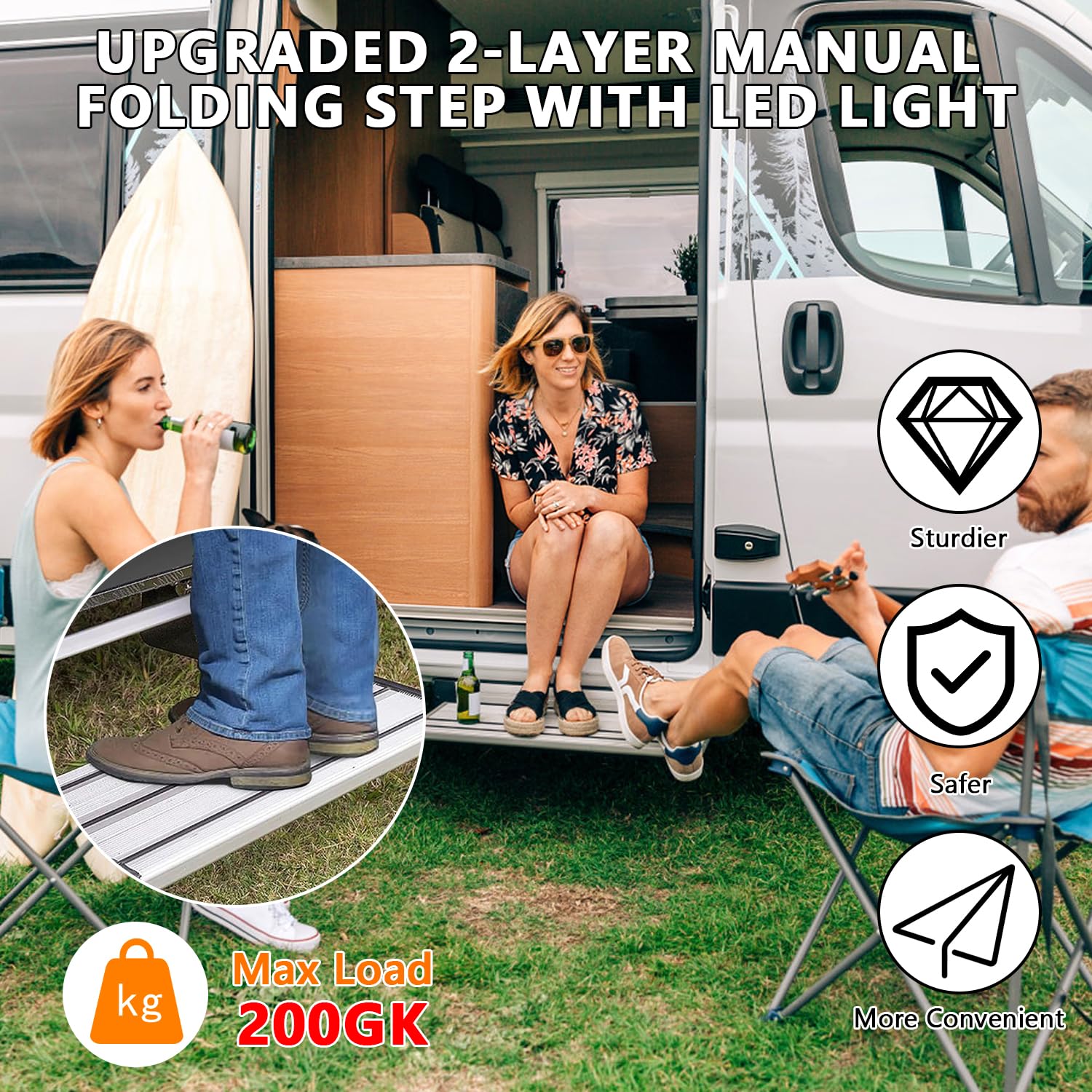 Escalones manuales para Autocaravana con luz LED | de Aluminio, Plegables, peldaños Individuales, Antideslizantes, para autocaravanas, autocaravanas, remolques de Viaje