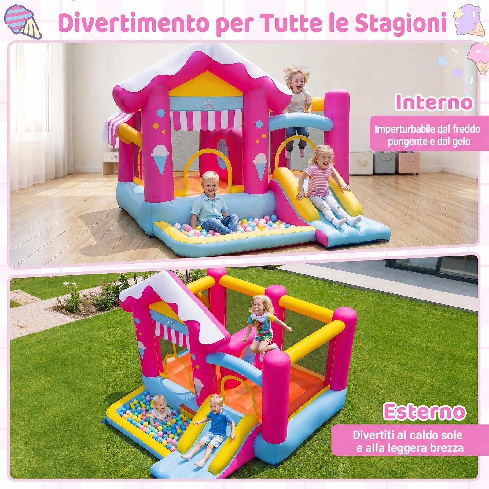 COSTWAY Castello Gonfiabile per Bambini 3-12 Anni | Casa Gonfiabile per Interno ed Esterno con Trampolino con Ostacolo, Scivolo, Piscina con 50 Palline, 7 Picchetti e Borsa