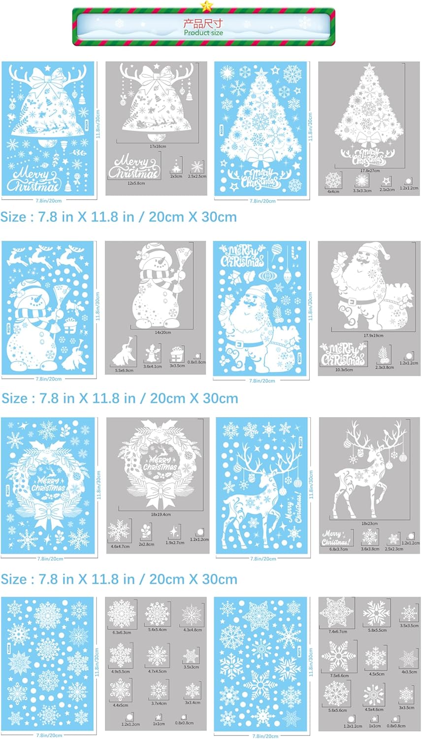 White Christmas Snowflake Window Stickers, 32 Sheets/4Sets - 988PCS Merry Christmas Window Decorations Decals Double Sided Window Clings Christmas Decorations for Home Office