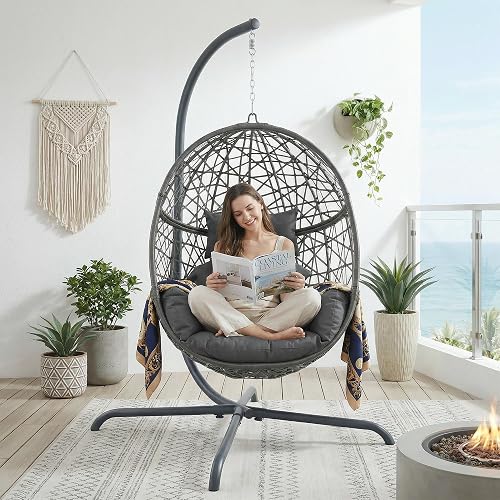 BULEXYARD Oversized Swing Egg Chair with Stand Indoor Outdoor PE Wicker Rattan Patio Basket Large Hanging Chair with Waterproof Cushions for Bedroom Balcony Patio (Dark Gray)