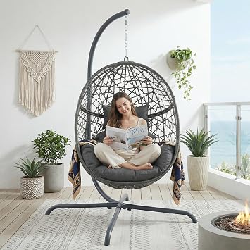 BULEXYARD Oversized Hanging Egg Chair with Stand, Indoor Outdoor Wicker Bird Cage Swing Chair, Patio Hammock Egg-Shaped Swinging Chair with Dark Grey Cushion for Garden, Bedroom, 350LBS Capacity
