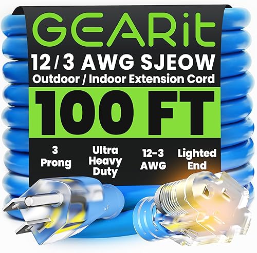 GEARit Cable de extensión, calibre 12 AWG, cable de extensión, triple salida SJEOW, 123, para interiorexterior, enchufe con luz LED, chaqueta de