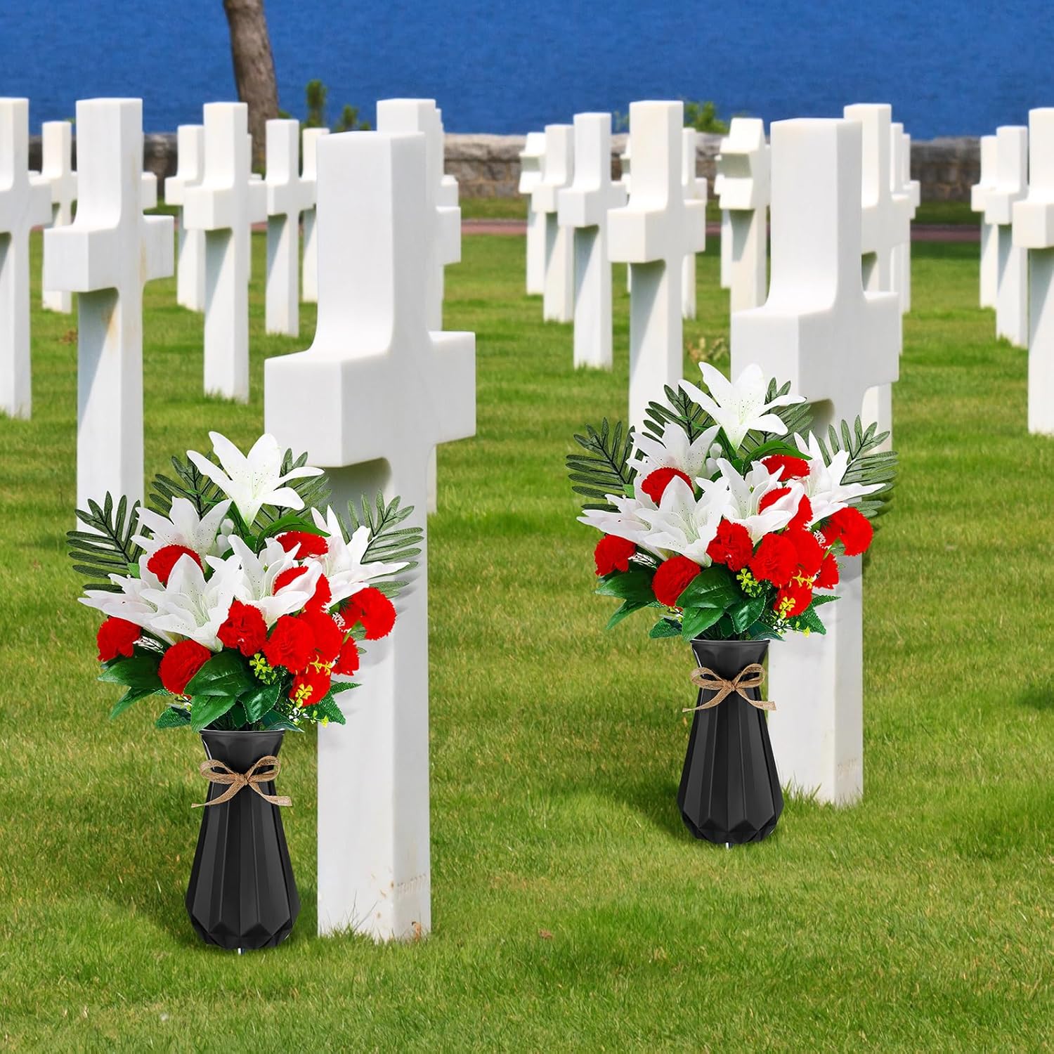 Qinyoung 2 Pcs Cemetery Vase for Grave with Metal Spikes Headstones Memorial Flower Holder Durable Plastic Grave Vases Outdoor Cemetery Decoration for Memorial Gifts Loss of Loved One(Black)