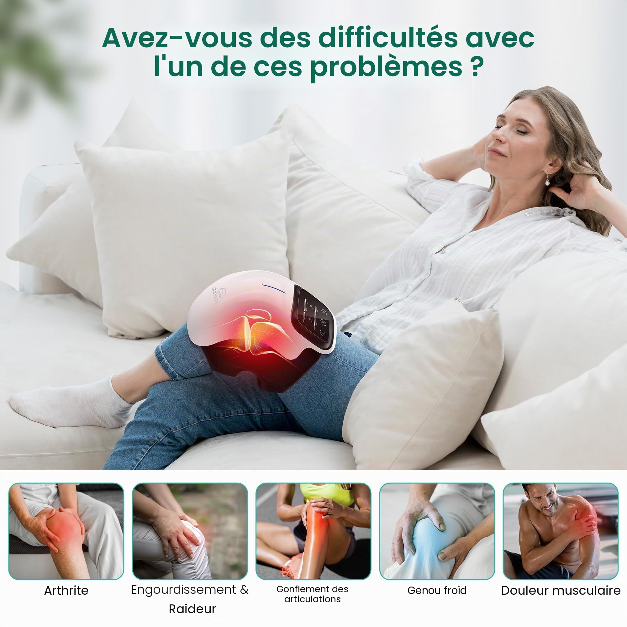 Snailax Masseur de genou sans fil avec chaleur, fonctions laser et infrarouge, appareil de massage pour genou, 3 niveaux de chaleur, 3 modes de massage par vibration, écran LED